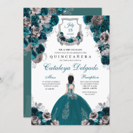 Blauwgroen en zilver Floral Elegant Quinceañera Kaart