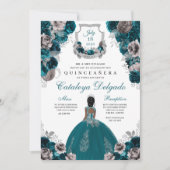 Blauwgroen en zilver Floral Elegant Quinceañera Kaart (Voorkant)