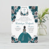 Blauwgroen en zilver Floral Elegant Quinceañera Kaart (Staand voorkant)