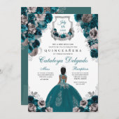 Blauwgroen en zilver Floral Elegant Quinceañera Kaart (Voorkant / Achterkant)