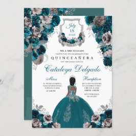 Blauwgroen en zilver Floral Elegant Quinceañera Kaart