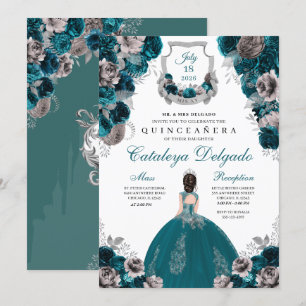 Blauwgroen en zilver Floral Elegant Quinceañera Kaart
