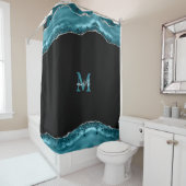 Blauwgroen en zilver gepersonaliseerd monogram douchegordijn (In situ)