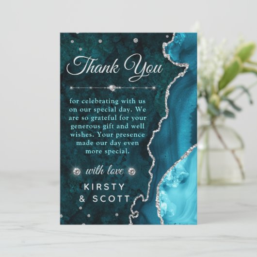 Blauwgroen en zilver glitter Agate en marmer Weddi Bedankkaart (Staand voorkant)