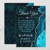 Blauwgroen en zilver glitter Agate en marmer Weddi Bedankkaart (Voorkant / Achterkant)