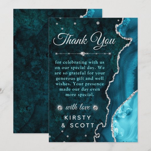 Blauwgroen en zilver glitter Agate en marmer Weddi Bedankkaart (Voorkant / Achterkant)