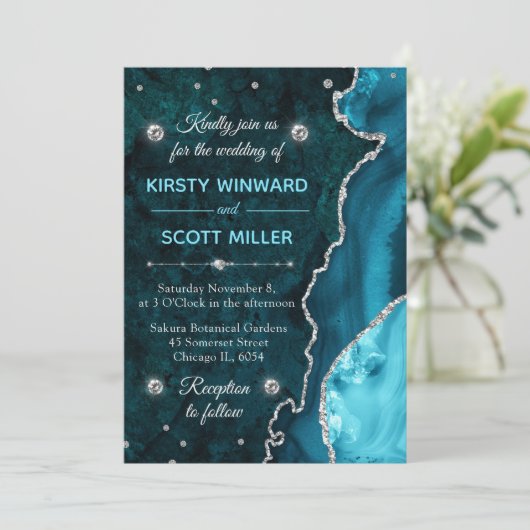 Blauwgroen en zilver glitter Agate en marmer Weddi Kaart (Staand voorkant)