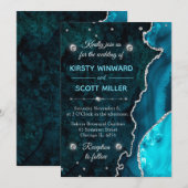 Blauwgroen en zilver glitter Agate en marmer Weddi Kaart (Voorkant / Achterkant)