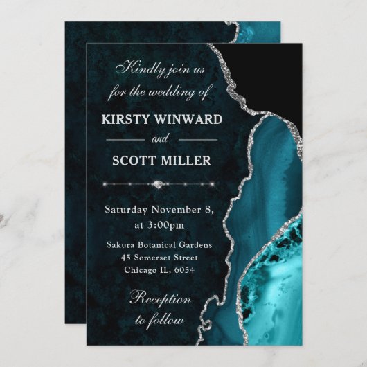 Blauwgroen en zilver glitter Agate en marmer Weddi Kaart (Voorkant / Achterkant)