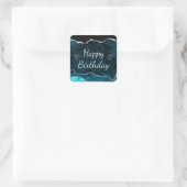 Blauwgroen en zilver Glitter Agate Happy Birthday Vierkante Sticker (Tas)