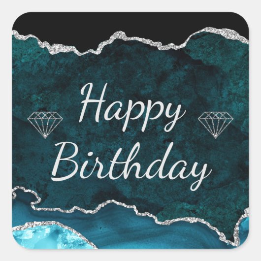Blauwgroen en zilver Glitter Agate Happy Birthday Vierkante Sticker (Voorkant)