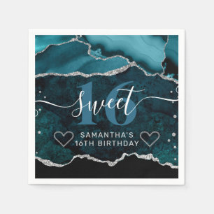 Blauwgroen en zilver Glitter Agate Marble Sweet 16 Servet