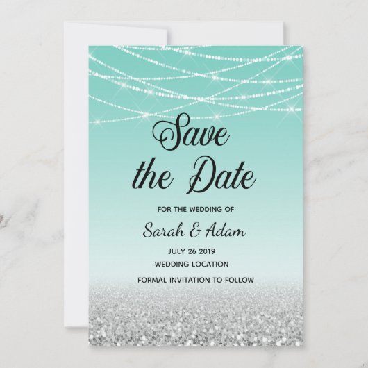 Blauwgroen en Zilver Glitter sparen de Kaart van d (Voorkant)