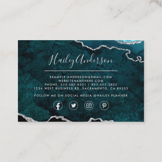 Blauwgroen en zilver Glitter Waterverf Gilded Agat Visitekaartje (Achterkant)