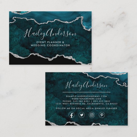 Blauwgroen en zilver Glitter Waterverf Gilded Agat Visitekaartje (Voorkant / Achterkant)