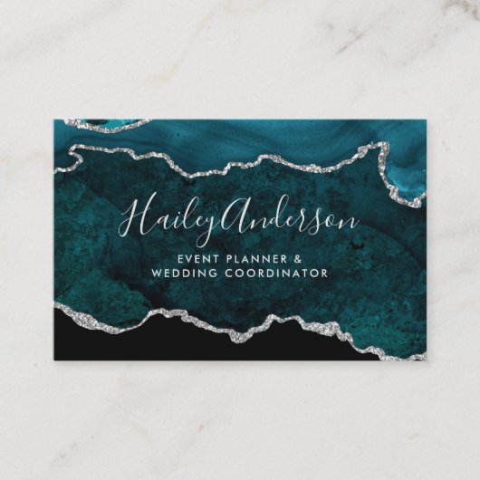 Blauwgroen en zilver Glitter Waterverf Gilded Agat Visitekaartje (Voorkant)