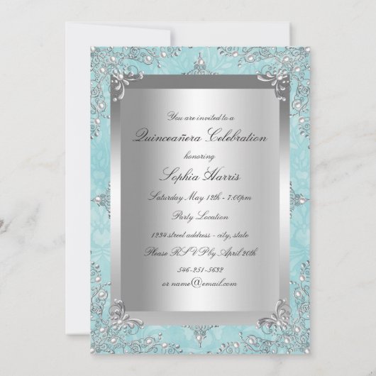 Blauwgroen en zilver Pearl  Glamor Quinceanera Kaart (Achterkant)