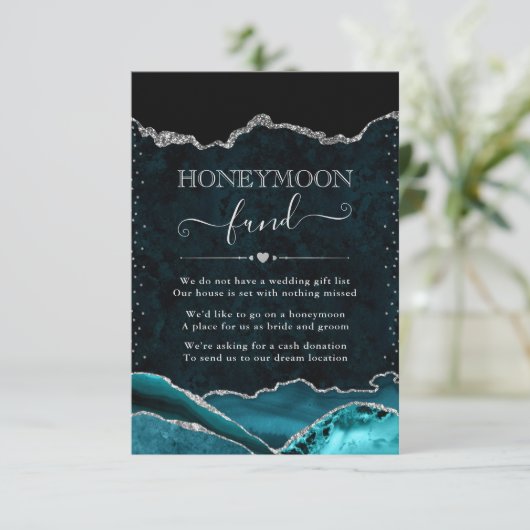 Blauwgroen en zilveren agaat bruiloft huwelijksrei informatiekaartje (Staand voorkant)