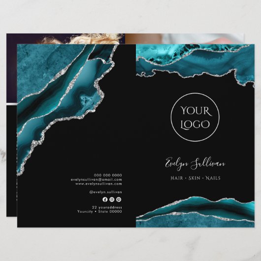 blauwgroen en zilveren agaat service menubrochure (Voorkant / Achterkant)