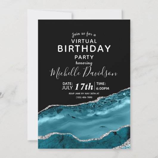 Blauwgroen en zilveren agaat Virtual Birthday Invi Kaart (Voorkant)