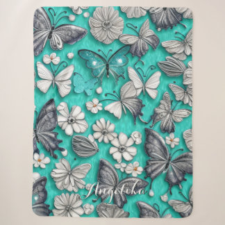 Blauwgroen en Zilveren Butterflies Gepersonaliseer Sherpa Deken