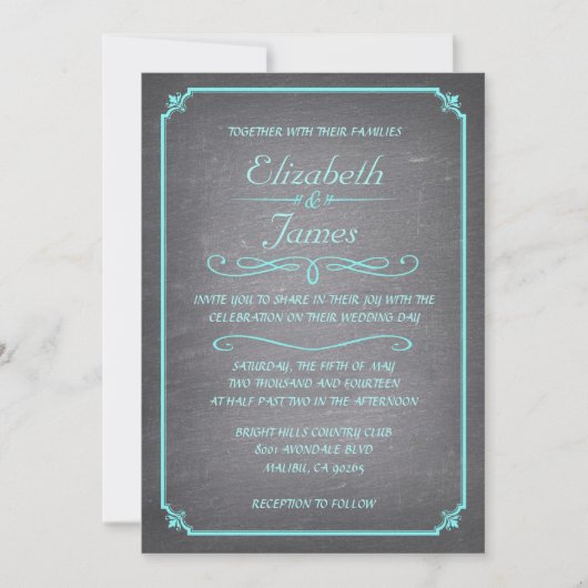 Blauwgroen en Zilveren Chalkboard Wedding Invitati Kaart (Voorkant)