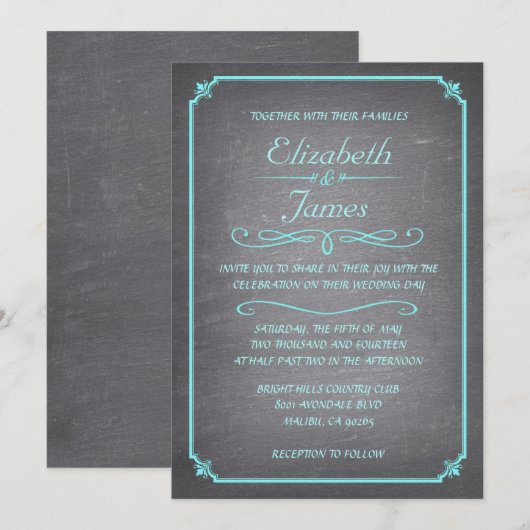 Blauwgroen en Zilveren Chalkboard Wedding Invitati Kaart (Voorkant / Achterkant)