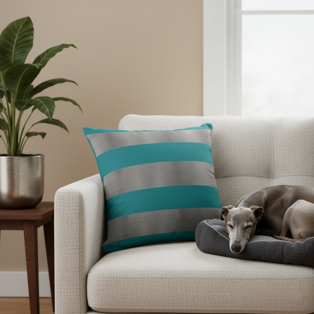 Blauwgroen en Zilveren Couch Pillow Kussen (Stylish metallic silver gray and teal striped accent pillow.)
