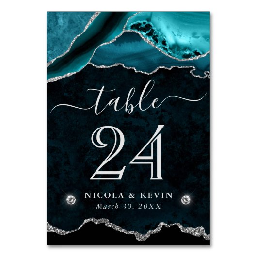 Blauwgroen en zilveren Faux Glitter Agaat Wedding Kaart (Voorkant)