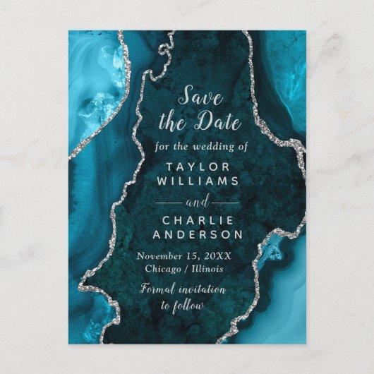 Blauwgroen en zilveren faux glitter Agate sparen d Briefkaart (Voorkant)