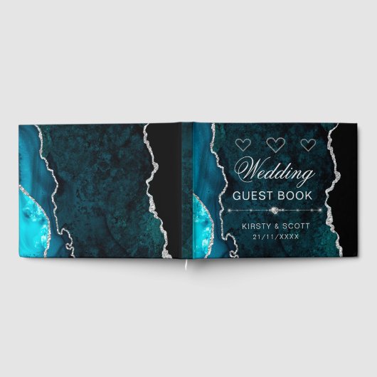 Blauwgroen en zilveren faux Glitter Agate Wedding Gastenboek (Volledig)