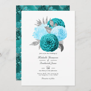 Blauwgroen en zilveren Floral Wedding Kaart