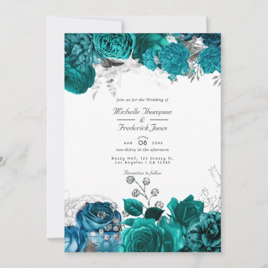 Blauwgroen en zilveren Floral Wedding QR Code Rsvp Kaart (Voorkant)