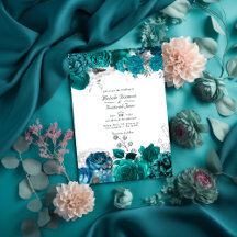 Blauwgroen en zilveren Floral Wedding QR Code Rsvp