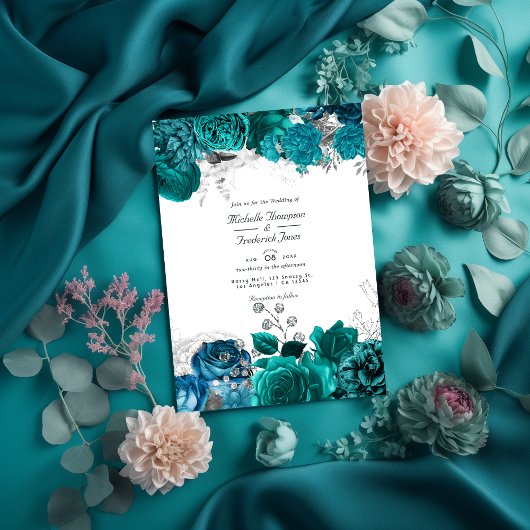 Blauwgroen en zilveren Floral Wedding QR Code Rsvp Kaart