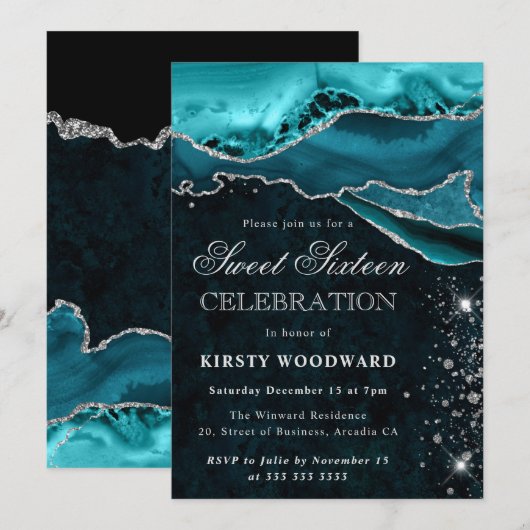 Blauwgroen en zilveren Glitter Agaat Sweet 16 Kaart (Voorkant / Achterkant)