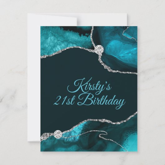 Blauwgroen en Zilveren Glitter Agate Birthday Part RSVP Kaartje (Achterkant)