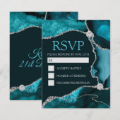 Blauwgroen en Zilveren Glitter Agate Birthday Part RSVP Kaartje (Voorkant / Achterkant)