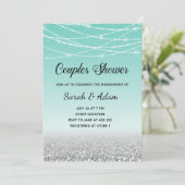 Blauwgroen en zilveren glitter koppels doucheuitno kaart (Staand voorkant)