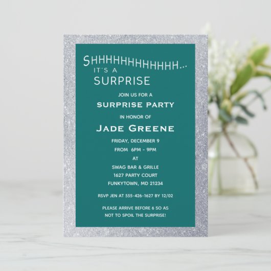 Blauwgroen en zilveren Glitter Surprise Party Verj Kaart (Staand voorkant)