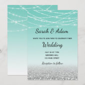 Blauwgroen en Zilveren Glitter Wedding Uitnodiging (Voorkant / Achterkant)