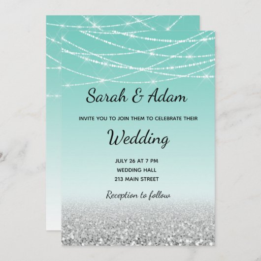 Blauwgroen en Zilveren Glitter Wedding Uitnodiging (Voorkant / Achterkant)