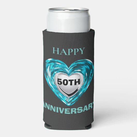 Blauwgroen en zilveren harten , 50ste trouwdag seltzer blikjeskoeler (Seltzer Voorkant)