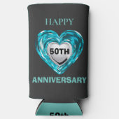 Blauwgroen en zilveren harten , 50ste trouwdag seltzer blikjeskoeler (Voorkant)