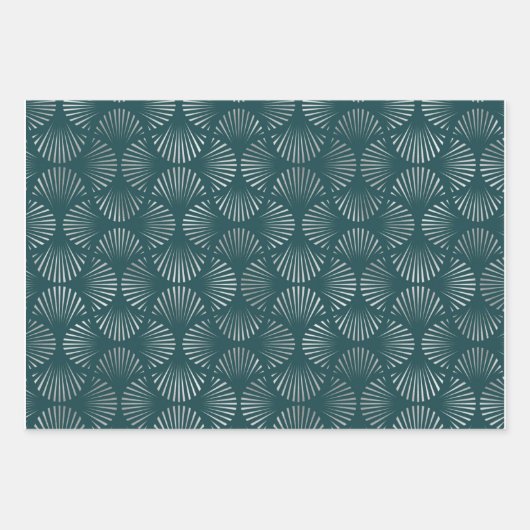 Blauwgroen en zilverkunst Deco Fan Pattern Inpakpapier Vel (Voorkant 3)