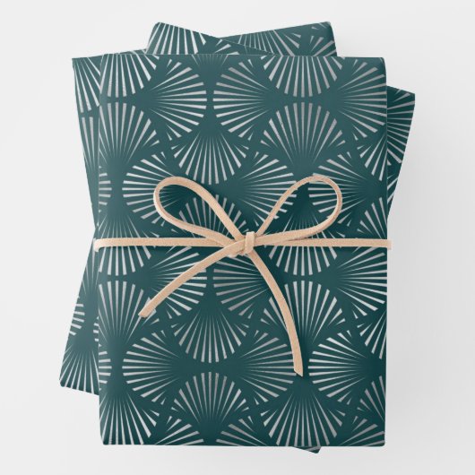 Blauwgroen en zilverkunst Deco Fan Pattern Inpakpapier Vel (In situ)