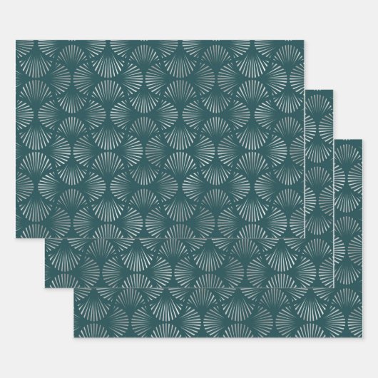 Blauwgroen en zilverkunst Deco Fan Pattern Inpakpapier Vel (Set)