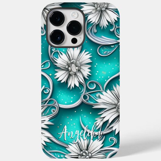 Blauwgroen en Zilvermatige Abstracte bloemen Case-Mate iPhone Case (Achterkant)