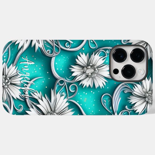 Blauwgroen en Zilvermatige Abstracte bloemen Case-Mate iPhone Case (Achterkant (horizontaal))