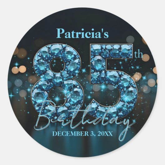 Blauwgroen en zwart 85ste verjaardagsfeest ronde sticker (Voorkant)